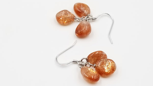 SUNSTONE TEAR DROP THREE STONES STERLING SILVER DANGLE EARRINGS