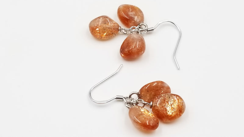 SUNSTONE TEAR DROP THREE STONES STERLING SILVER DANGLE EARRINGS