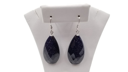 BLUE GOLD SAND STONE 16X32X7MM STERLING SILVER DANGLE EARRINGS