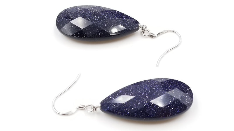 BLUE GOLD SAND STONE 16X32X7MM STERLING SILVER DANGLE EARRINGS