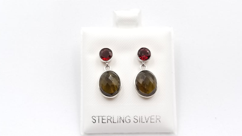 RED GARNET/ SMOKE TOURMALINE 8X10/5MM STERLING SILVER DANGLE EARRINGS