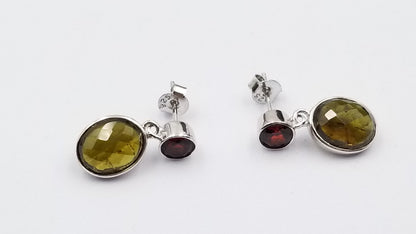 RED GARNET/ SMOKE TOURMALINE 8X10/5MM STERLING SILVER DANGLE EARRINGS