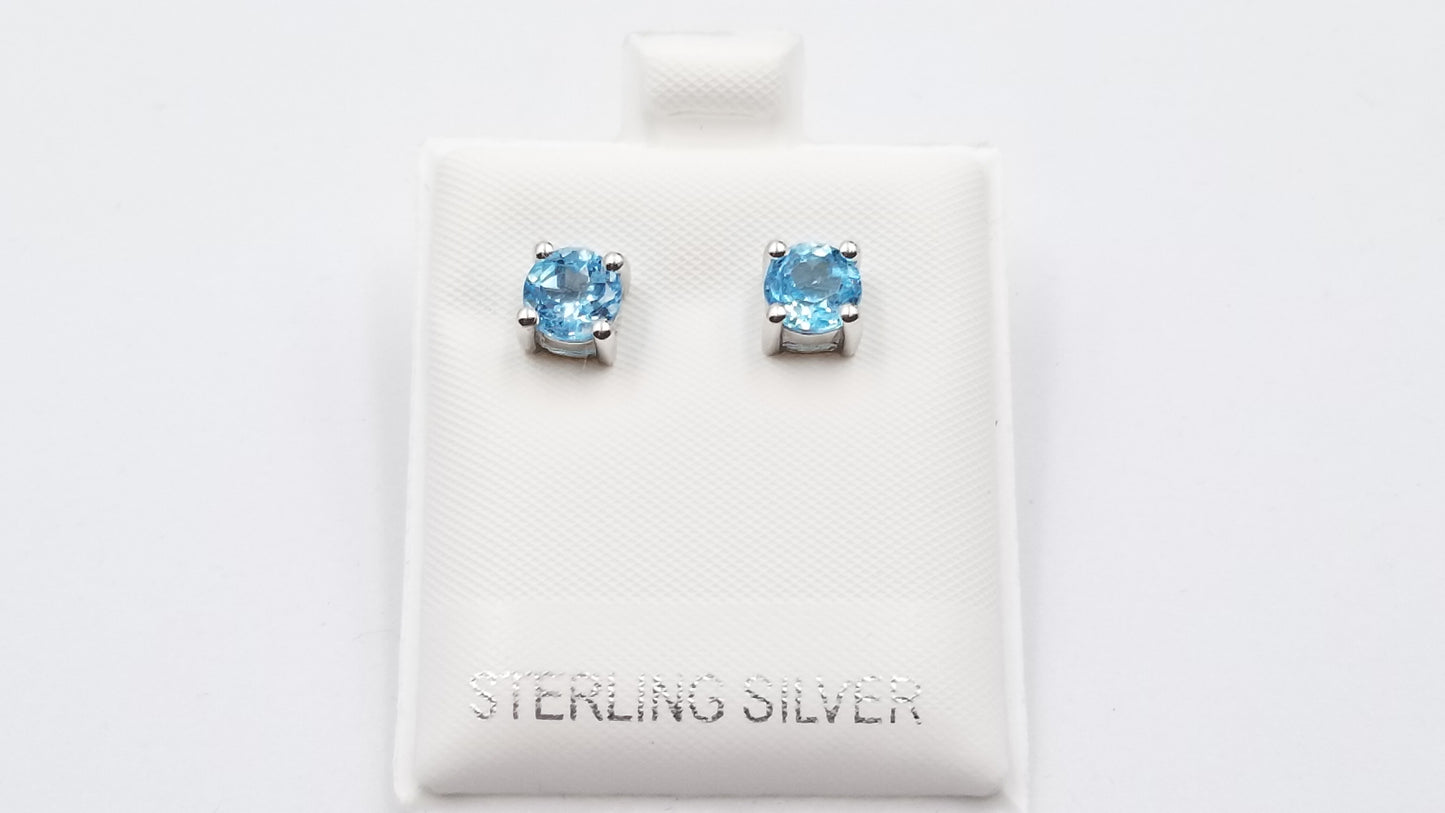 BLUE TOPAZ 6 MM ROUND PRONG SET STERLING SILVER STUD EARRINGS