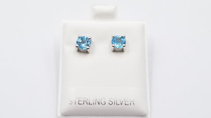 BLUE TOPAZ 6 MM ROUND PRONG SET STERLING SILVER STUD EARRINGS
