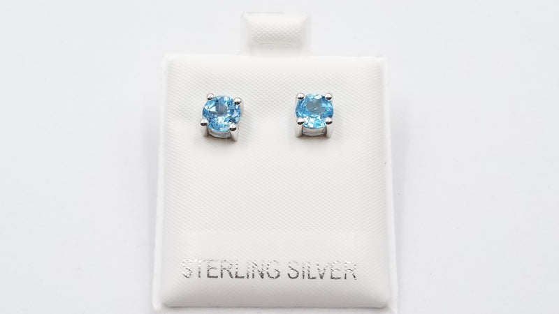 BLUE TOPAZ 6 MM ROUND PRONG SET STERLING SILVER STUD EARRINGS