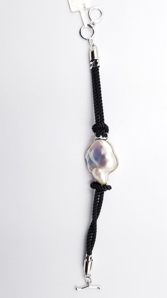 FRESHWATER NUCLEUS BAROQUE PEARLS STERLING SILVER SILK BRACELET