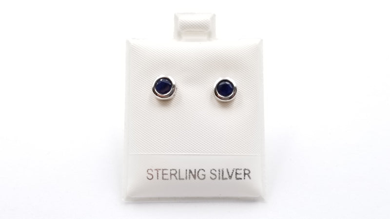 SAPPHIRES 5MM ROUND BEZEL SET STERLING SILVER STUDS EARRINGS