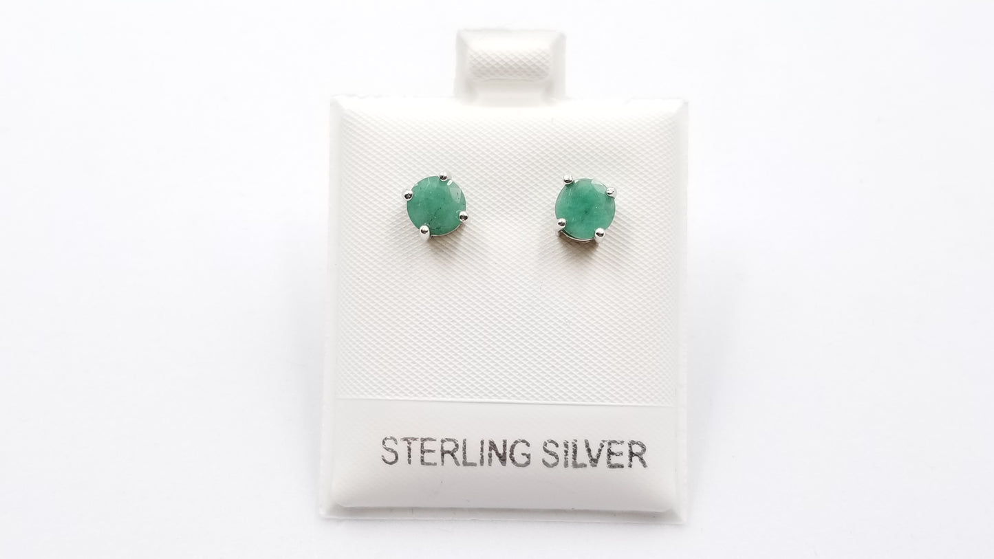EMERALDS 6MM ROUND PRONG SET STERLING SILVER STUDS EARRINGS