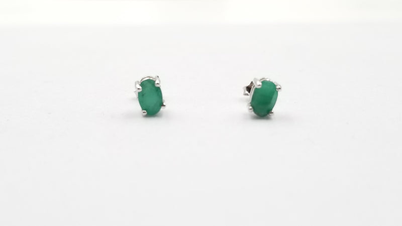 EMERALDS 4X6MM OVAL SHAPE PRONG SET STERLING SILVER STUD EARRINGS