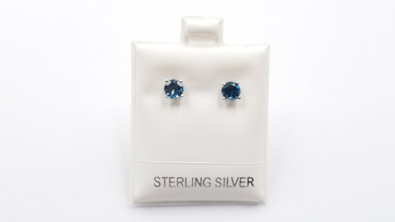 LONDON BLUE TOPAZ 5MM ROUND PRONG SET STERLING SILVER STUDS EARRINGS