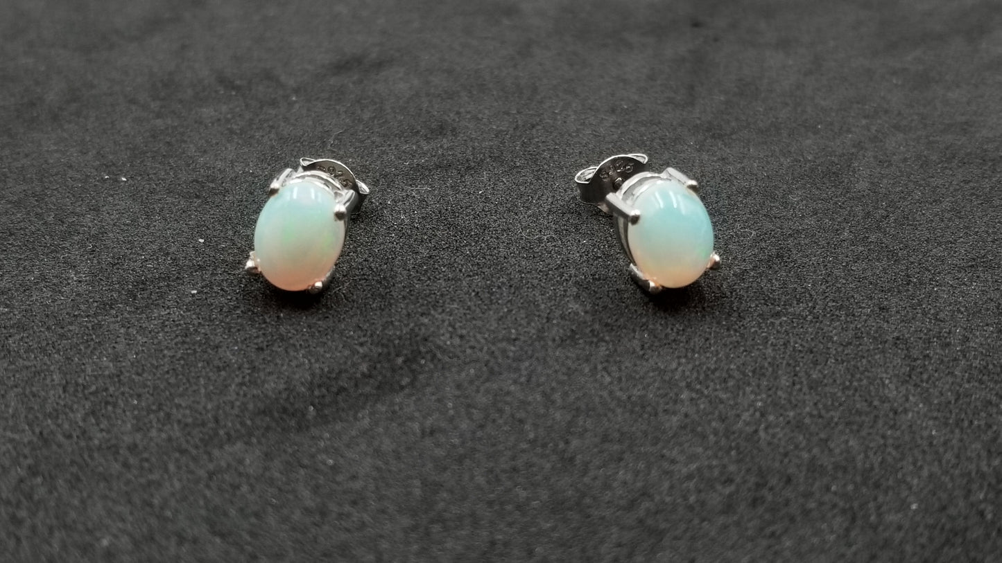 OPAL 6X8 MM OVAL PRONG SET STERLING SILVER STUDS EARRINGS