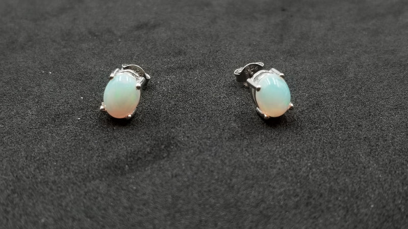 OPAL 6X8 MM OVAL PRONG SET STERLING SILVER STUDS EARRINGS