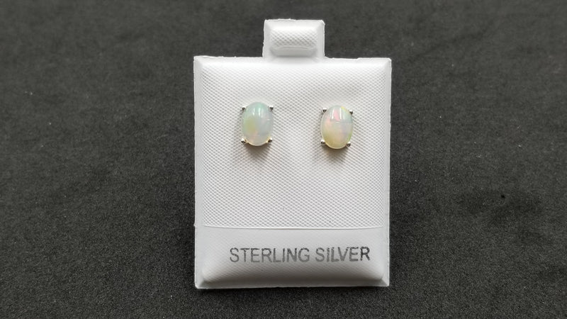 OPAL 6X8 MM OVAL PRONG SET STERLING SILVER STUDS EARRINGS