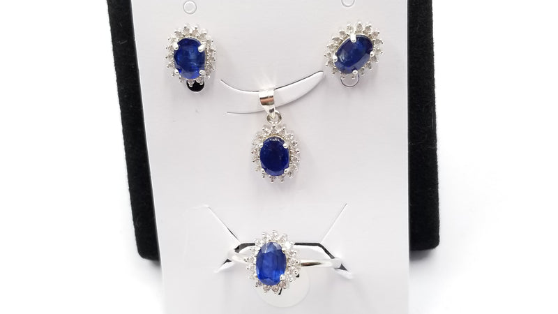 BLUE KYANITE 4X6 MM OVAL WITH CUBIC ZIRCONIA STERLING SILVER SET (RING,EARRINGS,PENDANT)