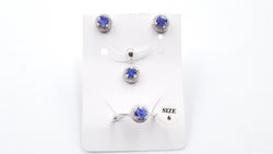 TANZANITE 5MM ROUND WITH CUBIC ZIRCONIA STERLING SILVER SET ( RING,EARRINGS,PENDANT)