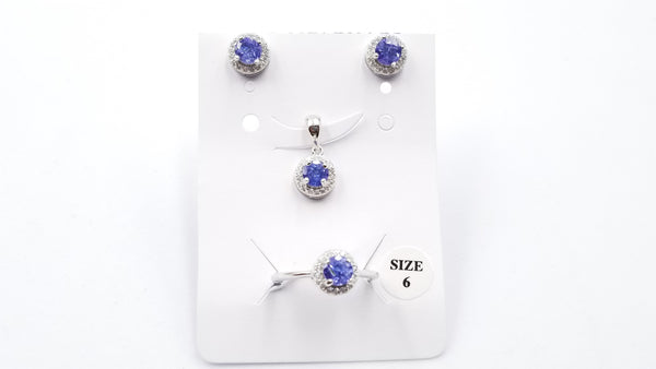 TANZANITE 5MM ROUND WITH CUBIC ZIRCONIA STERLING SILVER SET ( RING,EARRINGS,PENDANT)