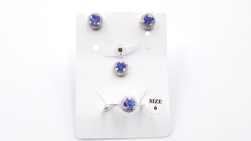 TANZANITE 5MM ROUND WITH CUBIC ZIRCONIA STERLING SILVER SET ( RING,EARRINGS,PENDANT)