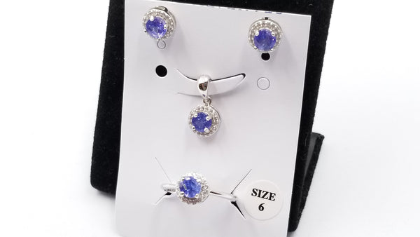 TANZANITE 5MM ROUND WITH CUBIC ZIRCONIA STERLING SILVER SET ( RING,EARRINGS,PENDANT)