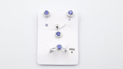 TANZANITE 5MM ROUND WITH CUBIC ZIRCONIA STERLING SILVER SET ( RING,EARRINGS,PENDANT)