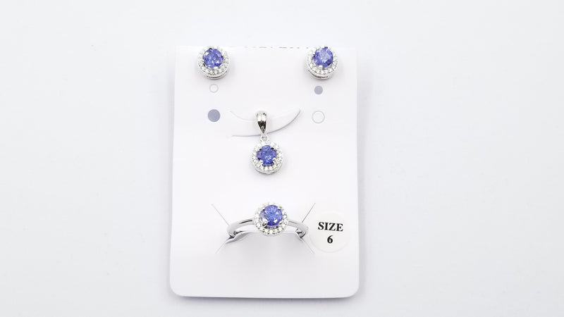 TANZANITE 5MM ROUND WITH CUBIC ZIRCONIA STERLING SILVER SET ( RING,EARRINGS,PENDANT)