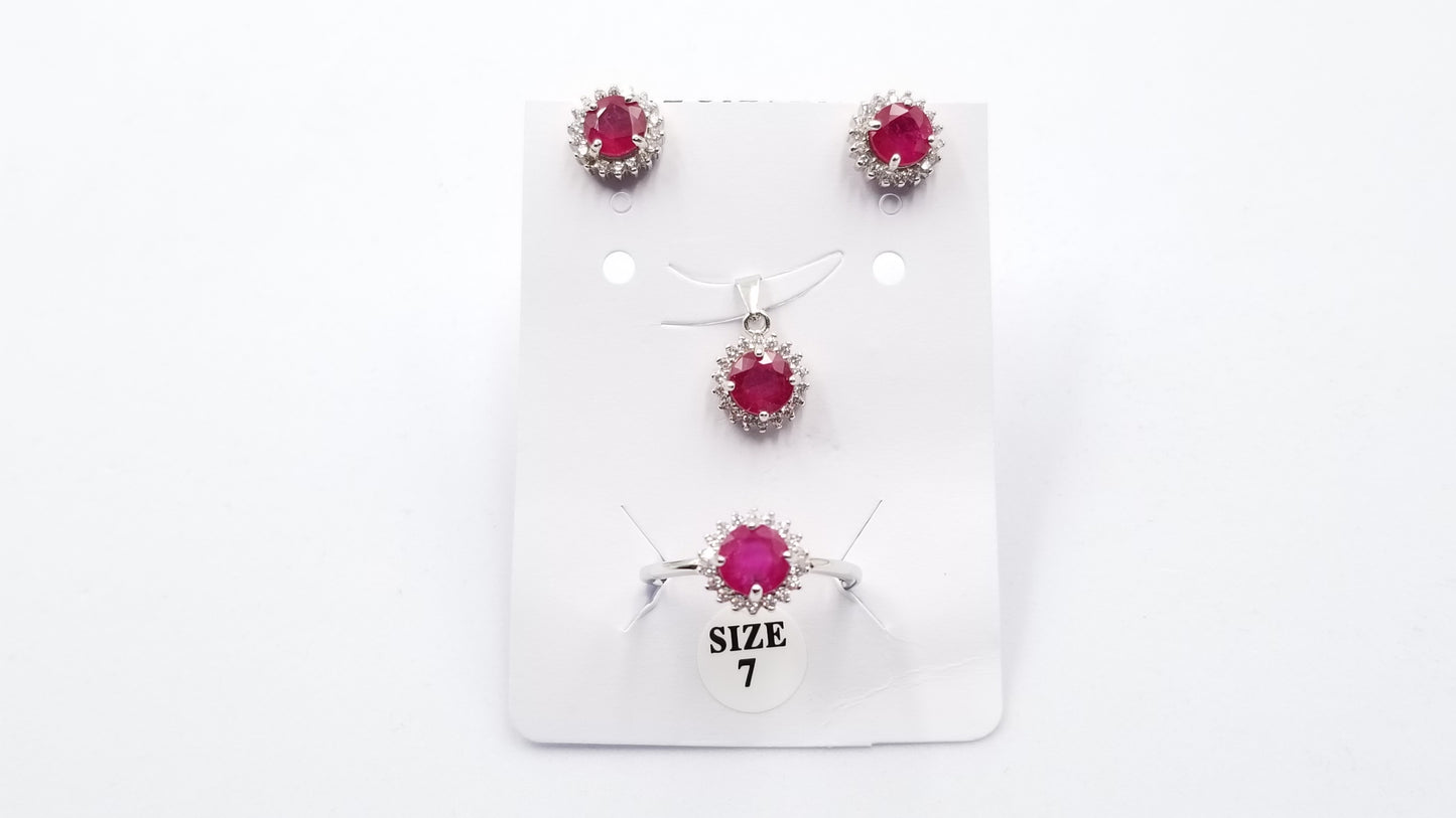 RUBY 6MM ROUND PRONGSET WITH CUBIC ZIRCONIA STERLING SILVER SET (RING,EARRINGS,PENDANT)