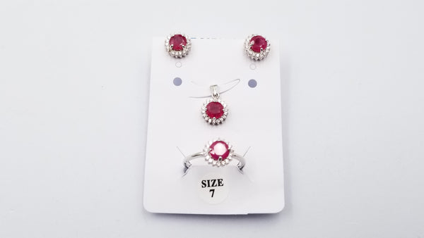 RUBY 6MM ROUND PRONGSET WITH CUBIC ZIRCONIA STERLING SILVER SET (RING,EARRINGS,PENDANT)