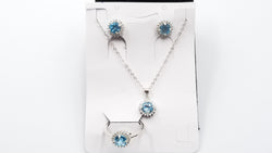 BLUE TOPAZ 6 MM ROUND PRONG SET WITH CUBIC ZIRCONIA STERLING SILVER SET ( RING,EARRINGS,PENDANT)