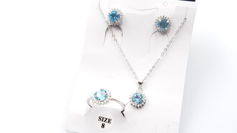 BLUE TOPAZ 6 MM ROUND PRONG SET WITH CUBIC ZIRCONIA STERLING SILVER SET ( RING,EARRINGS,PENDANT)