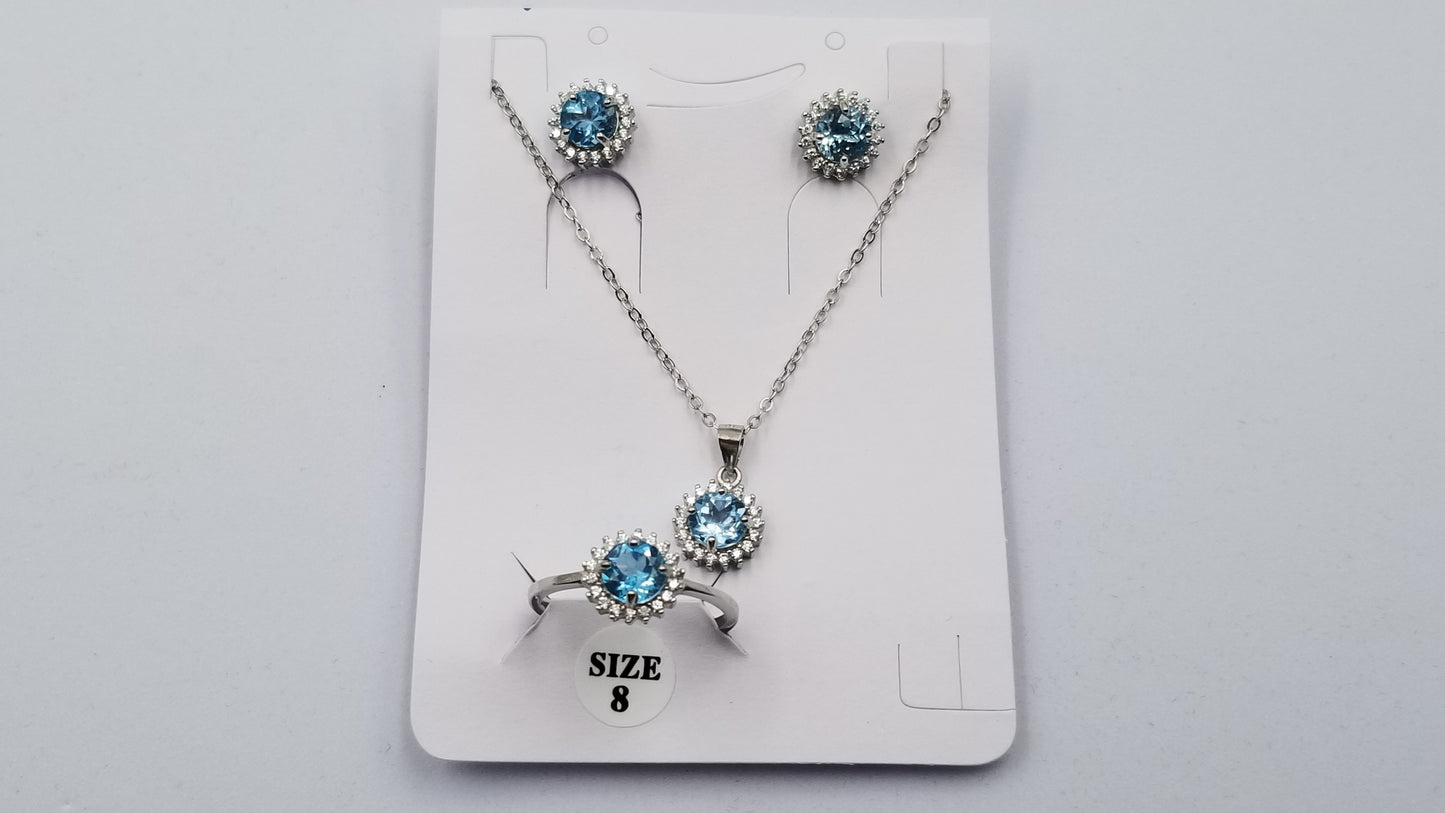 BLUE TOPAZ 6 MM ROUND PRONG SET WITH CUBIC ZIRCONIA STERLING SILVER SET ( RING,EARRINGS,PENDANT)