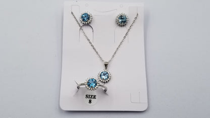 BLUE TOPAZ 6 MM ROUND PRONG SET WITH CUBIC ZIRCONIA STERLING SILVER SET ( RING,EARRINGS,PENDANT)