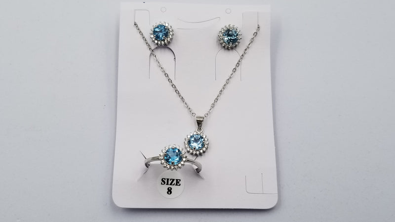 BLUE TOPAZ 6 MM ROUND PRONG SET WITH CUBIC ZIRCONIA STERLING SILVER SET ( RING,EARRINGS,PENDANT)