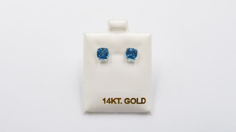 BLUE TOPAZ 6MM SQUARE 14 KT WHITE GOLD STUDS EARRINGS