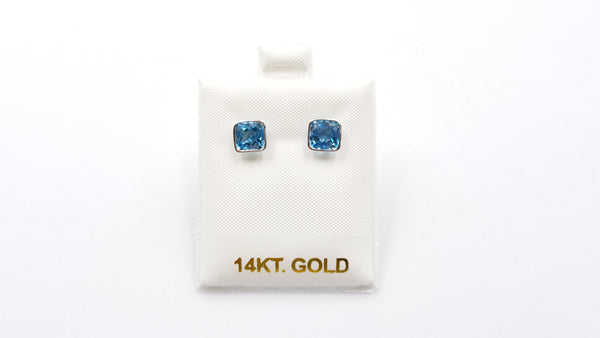 BLUE TOPAZ 6.5MM SQUARE BEZEL SET 14 KT WHITE GOLD STUD EARRINGS