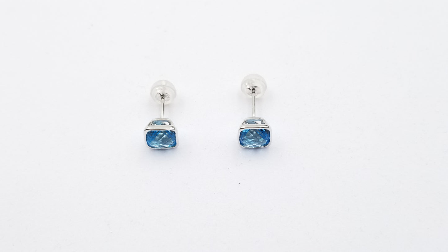 BLUE TOPAZ 6.5MM SQUARE BEZEL SET 14 KT WHITE GOLD STUD EARRINGS