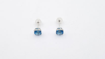 BLUE TOPAZ 6.5MM SQUARE BEZEL SET 14 KT WHITE GOLD STUD EARRINGS
