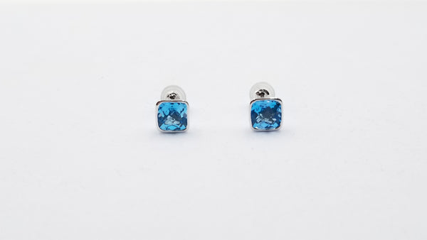 BLUE TOPAZ 6.5MM SQUARE BEZEL SET 14 KT WHITE GOLD STUD EARRINGS