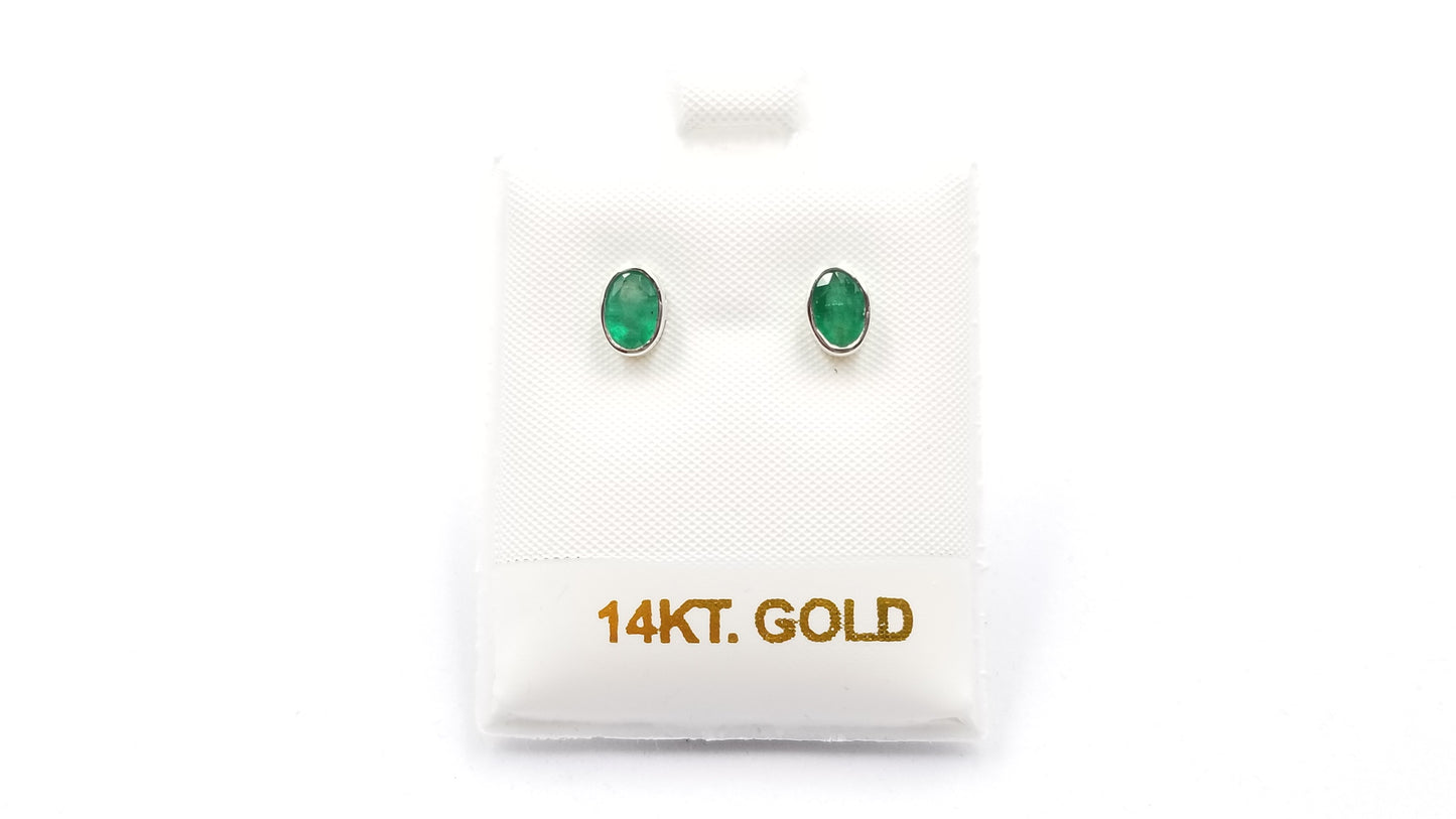 EMERALD 5X7MM OVAL BEZEL SET 14 KT WHITE GOLD STUDS EARRINGS
