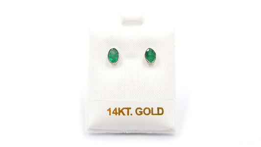 EMERALD 5X7MM OVAL BEZEL SET 14 KT WHITE GOLD STUDS EARRINGS