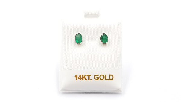 EMERALD 5X7MM OVAL BEZEL SET 14 KT WHITE GOLD STUDS EARRINGS