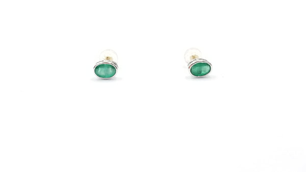 EMERALD 5X7MM OVAL BEZEL SET 14 KT WHITE GOLD STUDS EARRINGS