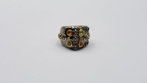 MULTI COLOR STONES TWO TONE/BLACK RHODIUM FINISHED STERLING SILVER RING