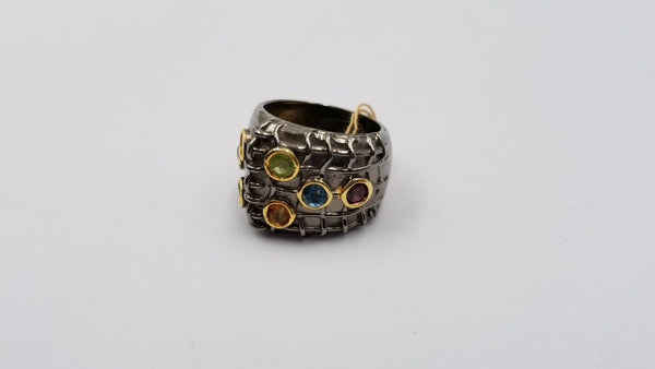 MULTI COLOR STONES TWO TONE/BLACK RHODIUM FINISHED STERLING SILVER RING