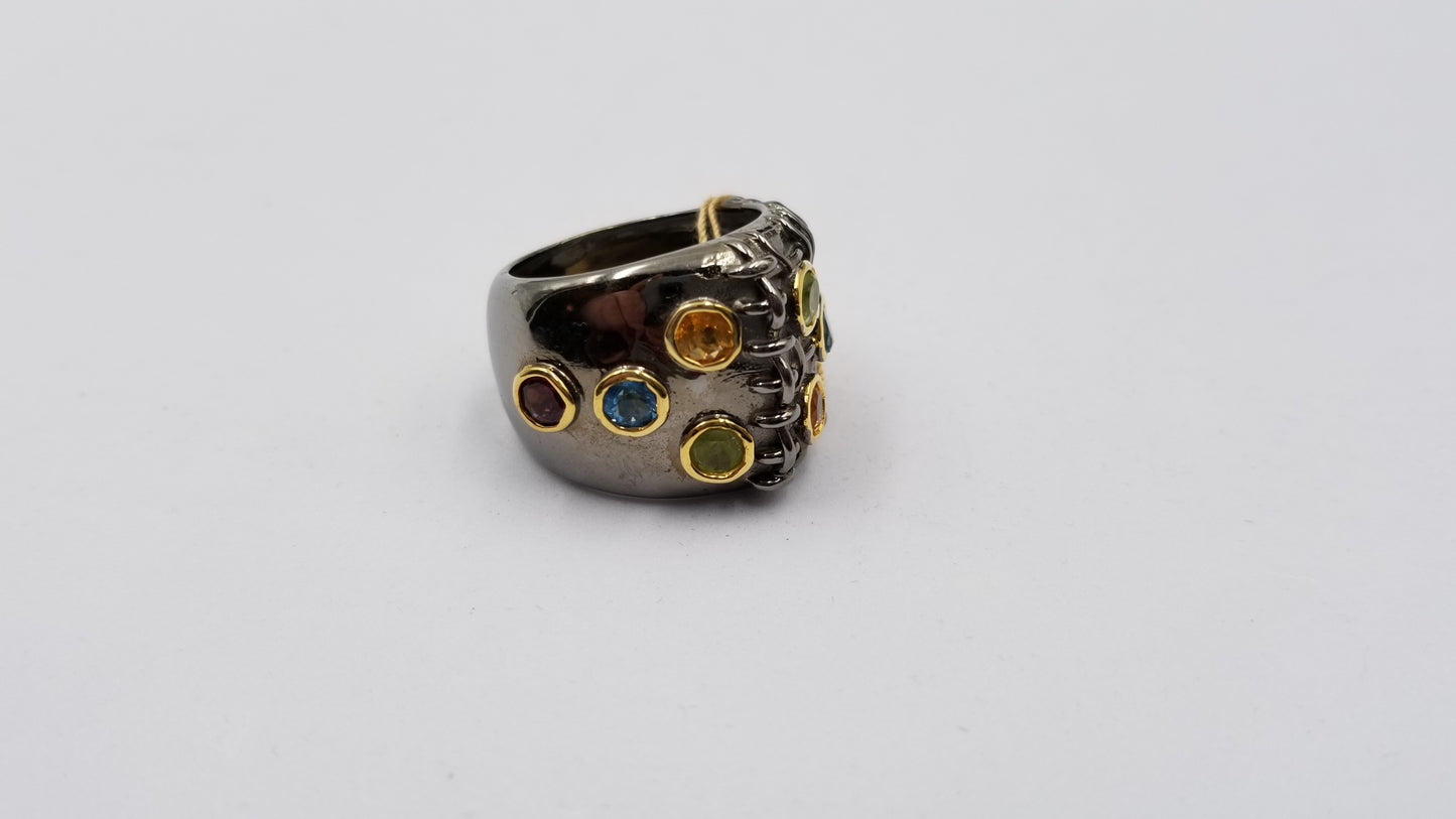 MULTI COLOR STONES TWO TONE/BLACK RHODIUM FINISHED STERLING SILVER RING