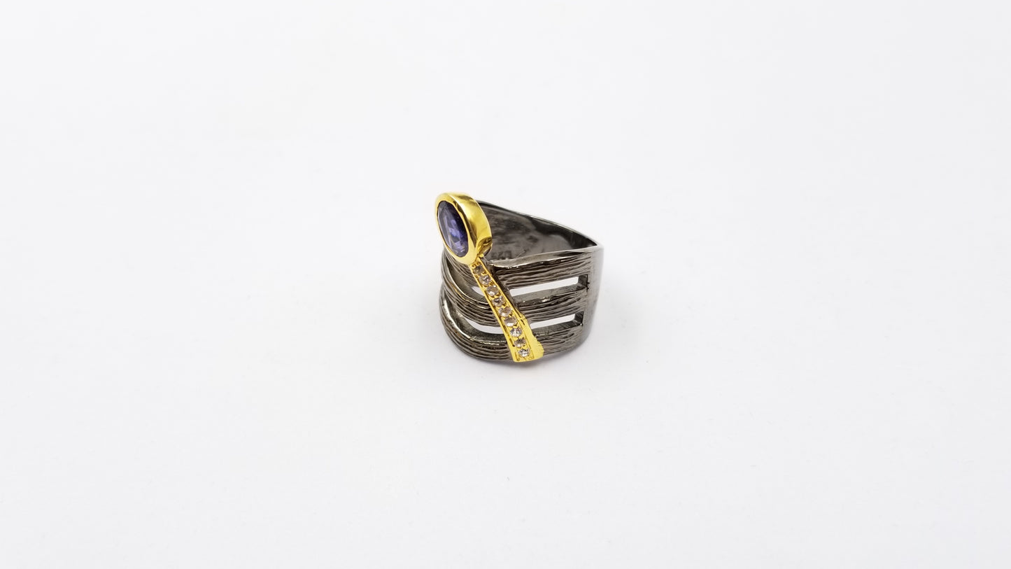 IOLITE WITH WHITE TOPAZ TWO TONE /BLACK RHODIUM FINISHED STERLING SILVER RING