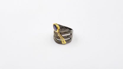 IOLITE WITH WHITE TOPAZ TWO TONE /BLACK RHODIUM FINISHED STERLING SILVER RING