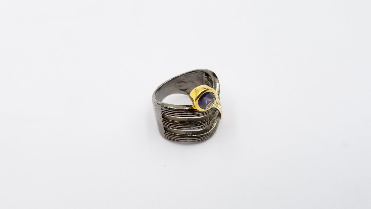 IOLITE WITH WHITE TOPAZ TWO TONE /BLACK RHODIUM FINISHED STERLING SILVER RING