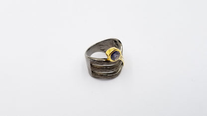 IOLITE WITH WHITE TOPAZ TWO TONE /BLACK RHODIUM FINISHED STERLING SILVER RING