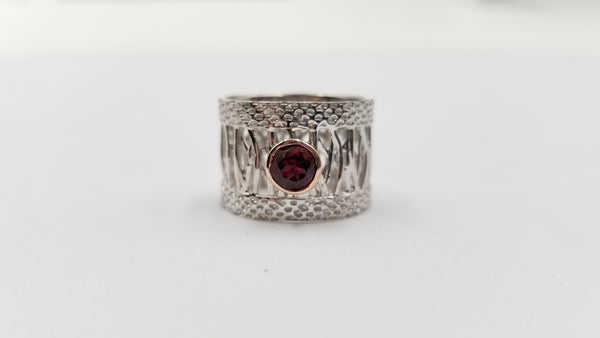 RHODOLITE GARNET TWO TONE STERLING SILVER FANCY RING