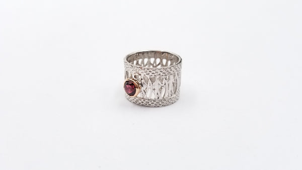 RHODOLITE GARNET TWO TONE STERLING SILVER FANCY RING