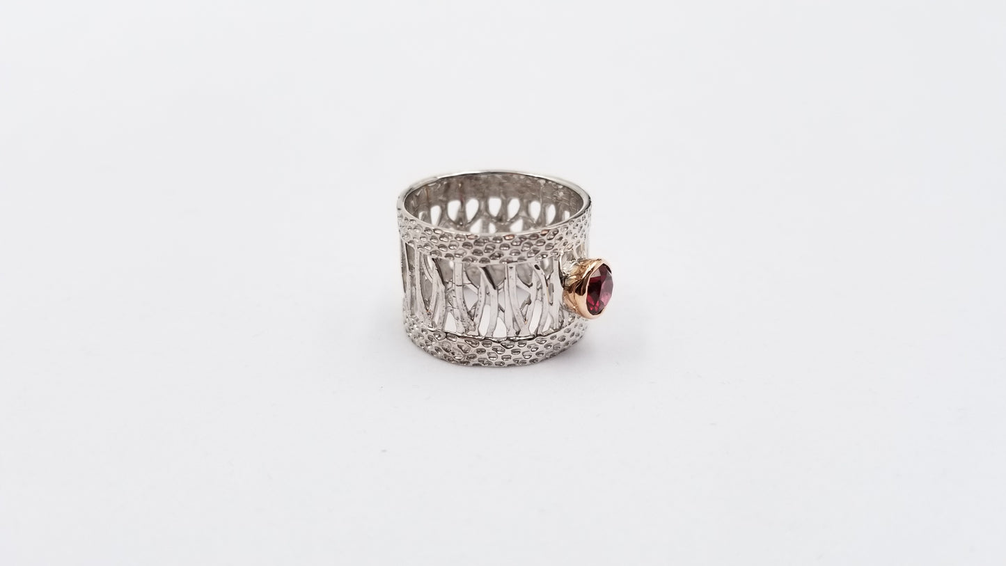RHODOLITE GARNET TWO TONE STERLING SILVER FANCY RING
